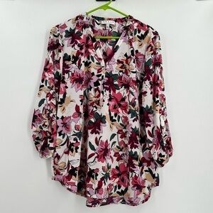 Chaus NY Aurora Petals Multicolor Floral Crepe Like Texture V Neck Top Large